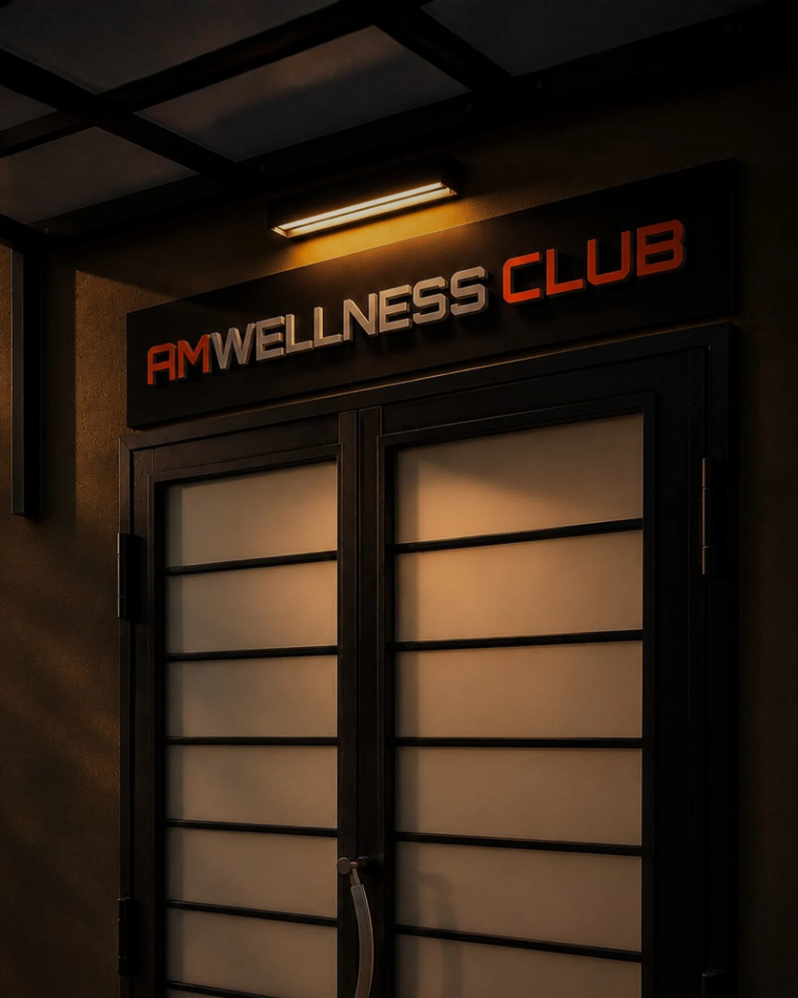 Ingresso di AMW Wellness Club con insegna luminosa